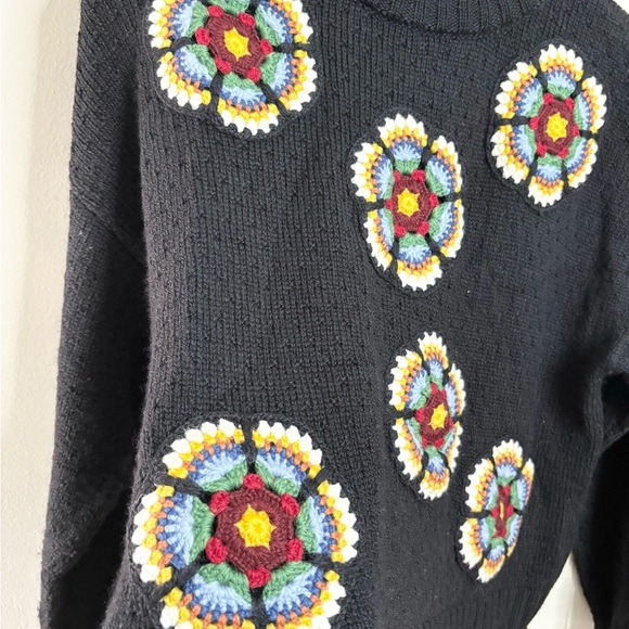 GIGI knitwear bloom sweater fine merino wool black floral size SM - Picture 2 of 5